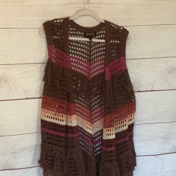 Shyanne Woman’s Long Striped Crochet Fringe Sweater Vest - Picture 2 of 7